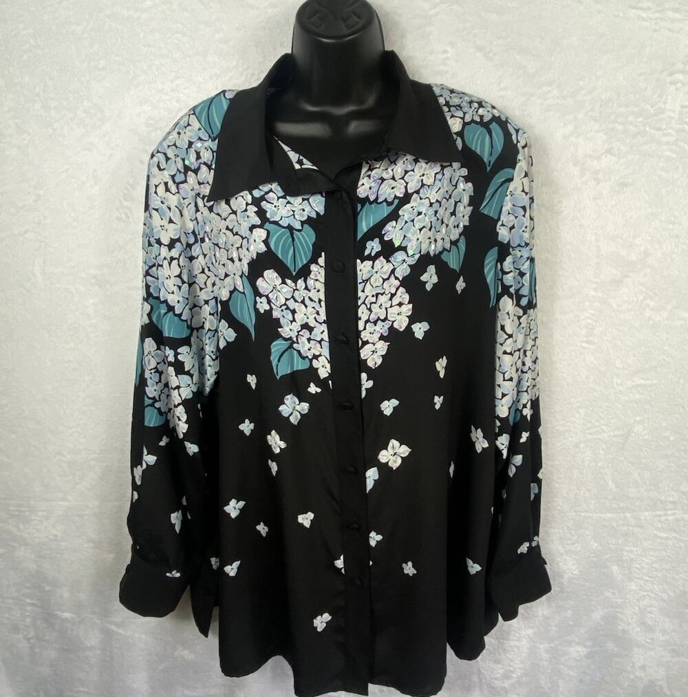 Bob Mackie NWT’s 100% Silk Button Up Top Women Floral Embellished Art To Wear 1x